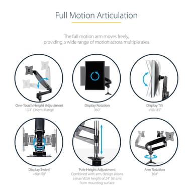 StarTech.com Desk Mount Monitor Arm for Single VESA Display up to 32" or 49" Ultrawide (17.6lb/8kg) - Full Motion Articulating & Height Adjustable - C-Clamp, Grommet - Single Monitor Arm view 15