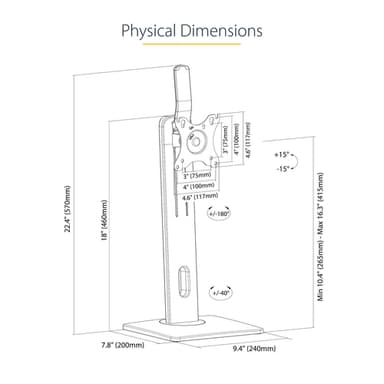 StarTech.com Free Standing Single Monitor Mount - Height Adjustable Monitor Stand - For VESA Mount Displays up to 32" (15lb/7kg) - Ergonomic Monitor Stand for Desk - Tilt/Swivel/Rotate view 24