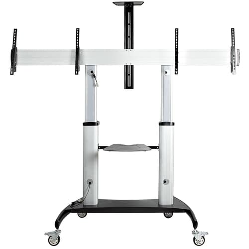 StarTech.com Dual TV Cart for 37-60in VESA TVs up to 110lb/50kg each - Height Adjustable TV Mount, Mobile Display Cart w/ Equipment Shelves - Rolling TV Cart on Wheels - Rolling TV Stand