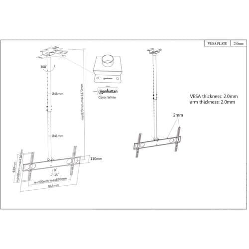 Manhattan Ceiling Mount for TV & Monitors, For screens: 37" to 75", Adjustable height: 105-156 cm, VESA compatibility: all between 200x200 to 800x400mm - check the dimensions of the four mounting holes on back of screen to ensure it fits, Max 50kg, LFD,Bracket