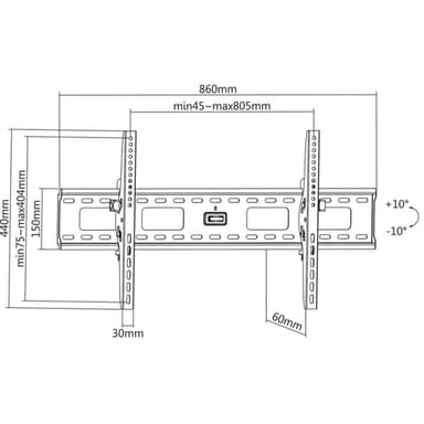 Manhattan Wall Mount for TV & Monitors (Tiltable), For screens 37" to 75", VESA compatibility: all between 200x200mm to 800x400mm - check the dimensions of the four mounting holes on back of screen to ensure it fits, Max 75kg, Black, Bracket view 4