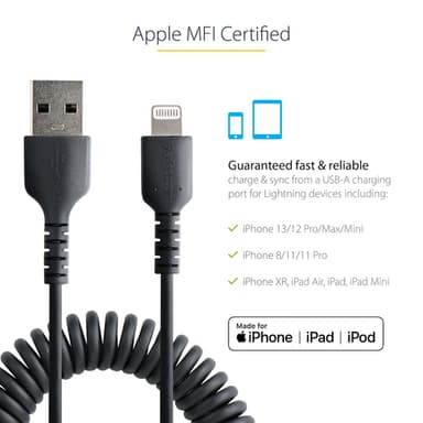 StarTech.com 50cm (20in) USB to Lightning Cable, MFi Certified, Coiled iPhone Charger Cable, Black, Durable TPE Jacket Aramid Fiber, Heavy Duty Coil Lightning Cable view 10