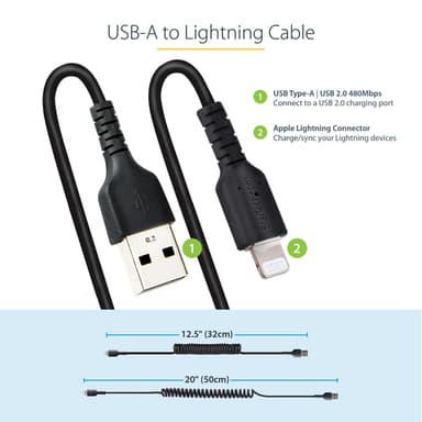 StarTech.com 50cm (20in) USB to Lightning Cable, MFi Certified, Coiled iPhone Charger Cable, Black, Durable TPE Jacket Aramid Fiber, Heavy Duty Coil Lightning Cable view 8