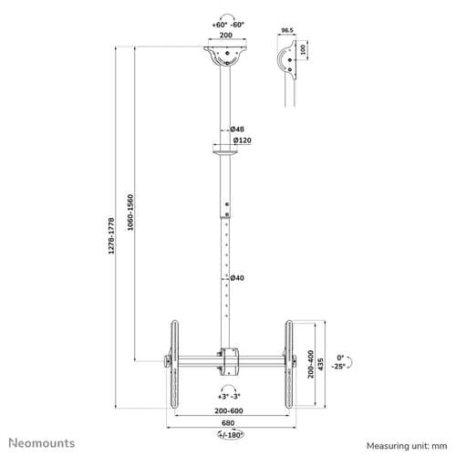 Neomounts CL35-440BL16L Monitor/TV mount ceiling 37-70" - h 106-156 cm