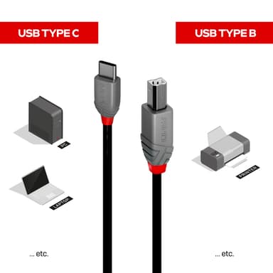 Lindy 2m USB 2.0 Type C to B Cable, Anthra Line view 3