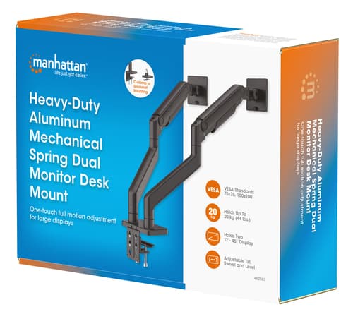 Manhattan Dual Desk Mount for TV & Monitors (Full Motion Spring), For screens 13" to 45", Clamp or Grommet Assembly, VESA compatibility: 75x75 and 100x100mm - check the dimensions of the four mounting holes on back of screen to ensure it fits, Max 20kg (each)