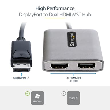 StarTech.com DP to Dual HDMI MST HUB - Dual HDMI 4K 60Hz - DisplayPort Multi Monitor Adapter with 1ft / 30cm cable - DP 1.4 Multi Stream Transport Hub, DSC | HBR3 - DP to HDMI Splitter view 12