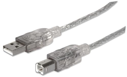 Manhattan USB-A to USB-B Cable, 3m, Male to Male, Translucent Silver, 480 Mbps (USB 2.0), Hi-Speed USB, Lifetime Warranty, Equivalent to USB2AA2M (except colour).