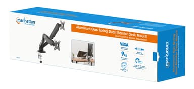 Manhattan Dual Desk Mount for TV & Monitors (Full Motion Spring), For screens 10" to 27", C-Clamp or Grommet Assembly,VESA compatibility: 75x75 and 100x100mm -check the dimensions of the four mounting holes on back of screen to ensure it fits,Max 9kg (each),Bracket view 13