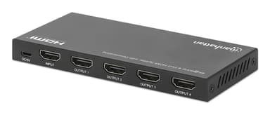 Manhattan HDMI Splitter with downscaling 4-Port , 4K@60Hz, Displays output from x1 HDMI source to x4 HD displays (same output to four displays), Downscale button to adjust a 4K input signal into 1080p, Micro-USB to USB-A power cable included (cable 0.8m), Black view 4