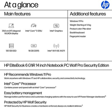 HP EliteBook 6 G1iR Wolf Pro Security Edition Intel Core 5 120U Laptop 35.6 cm (14") WUXGA 16 GB DDR5-SDRAM 512 GB SSD Wi-Fi 6E (802.11ax) Windows 11 Pro Silver view 3