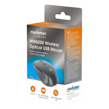 Manhattan MW6020 Wireless Mouse, Black, Adjustable 800/1200/1600dpi via top-mount push-button control, 2.4Ghz (effective range up to 10m), USB, Optical, Ambidextrous, Six Button with Scroll Wheel, USB-A nano receiver, AA battery (included) view 7