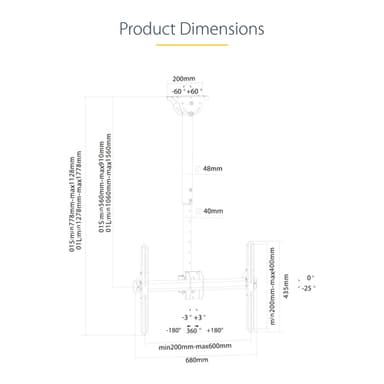 StarTech.com TV Ceiling Mount - Full-Motion Universal Hanging Single Screen Mount with Adjustable Telescopic Pole - Tilt / Swivel - VESA Bracket for 32”-75" Displays view 15