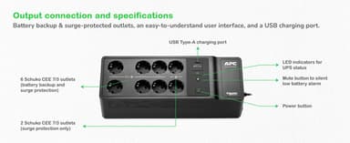 APC Back-UPS, 500VA/300W Floor/Wall Mount, 230V, 8x CEE 7/3 Schuko outlets, USB Type A Port, User Replaceable Battery view 4