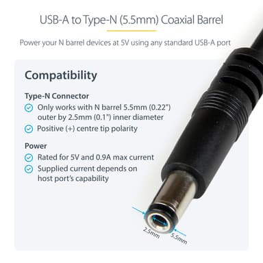 StarTech.com USB to 5.5mm Power Cable - Type N Barrel - 1m view 4