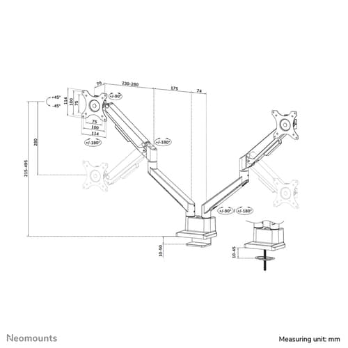 Neomounts DS70-250BL2 Monitor arm 17-32" - gas spring - Topfix - 180°-stop