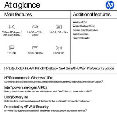 HP EliteBook X Flip G1i Next Gen AI PC Wolf Pro Security Edition Copilot+ PC Intel Core Ultra 7 258V Hybrid (2-in-1) 35.6 cm (14") Touchscreen 2.5K 32 GB LPDDR5x-SDRAM 1 TB SSD Wi-Fi 7 (802.11be) Windows 11 Pro Silver view 4
