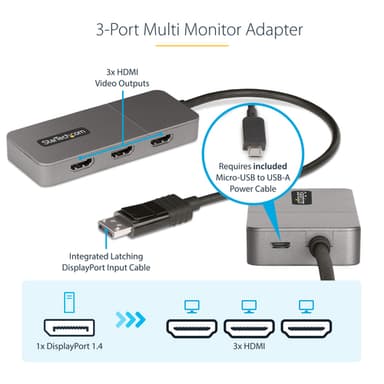 StarTech.com 3-Port MST Hub - DisplayPort to 3x HDMI, Triple 4K 60Hz Monitors, DP 1.4 Multi-Monitor Video Adapter, 1ft (30cm) Built-in Cable, USB Powered, Windows Only view 9