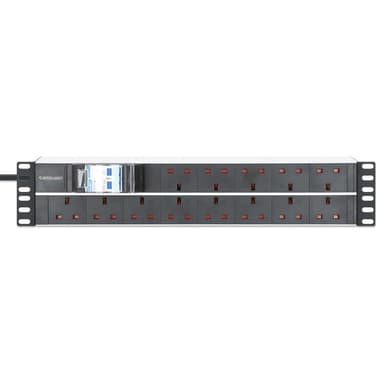 Intellinet 19" 2U PDU 15-way UK, With 2P air breaker, Rackmount, Power Distribution Unit, UK 3-pin outlets, 3m power cord, output view 3