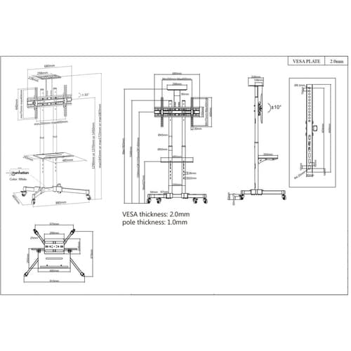 Manhattan Trolley Mount Stand for TV & Monitors, For screens 37" to 65", VESA compatibility: all between 200x200 to 600x400mm - check the dimensions of the four mounting holes on back of screen to ensure it fits, Max 40kg, Black, LFD, Bracket, Lifetime Warranty