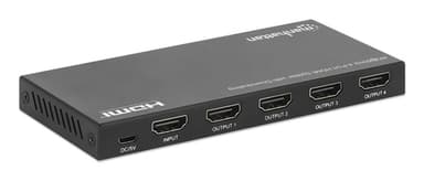 Manhattan HDMI Splitter with downscaling 4-Port , 4K@60Hz, Displays output from x1 HDMI source to x4 HD displays (same output to four displays), Downscale button to adjust a 4K input signal into 1080p, Micro-USB to USB-A power cable included (cable 0.8m), Black view 5