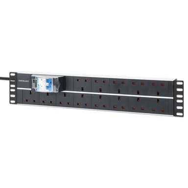 Intellinet 19" 2U PDU 15-way UK, With 2P air breaker, Rackmount, Power Distribution Unit, UK 3-pin outlets, 3m power cord, output view 1