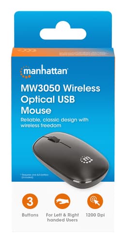 Manhattan MW3050 Wireless Optical Mouse, Black, 1200dpi, 2.4Ghz (up to 10m), USB, Ambidextrous, Three Button with Scroll Wheel, USB-A nano receiver, AA battery (included), Low friction base, USB version (most popular type, which is USB-A), Three Year Warranty