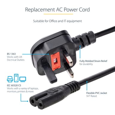 StarTech.com 3ft (1m) UK Laptop Power Cable, BS 1363 to C7, 2.5A 250V, 18AWG, Black, UK Laptop Replacement Cord, Printer Power Cable, AC Laptop Charger Cord, Laptop Power Brick Cord view 5