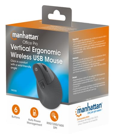 Manhattan Ergonomic Vertical Wireless Mouse (Right Handed), Black, Adjustable 800/1200/1600dpi, 2.4Ghz (effective range up to 10m), Six Button with Scroll Wheel, Nano USB-A receiver, AA battery (included), Three Year Warranty view 10