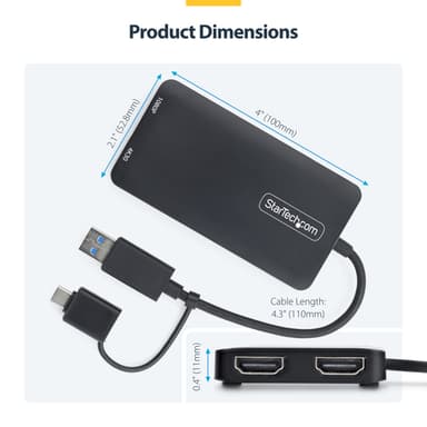 StarTech.com USB to Dual HDMI Adapter, USB A/C to 2x HDMI Displays (1x 4K30Hz, 1x 1080p), Integrated USB-A to C Dongle, 4in/11cm Cable, USB 3.0 to HDMI Display Adapter, Windows & macOS view 14