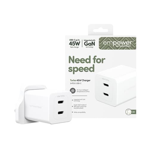 PanzerGlass empower™ by ® Turbo 45W Charger incl. 2 x USB-C | UK Plug | Silver White