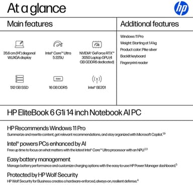 HP EliteBook 6 G1i AI Intel Core Ultra 5 225U Laptop 35.6 cm (14") WUXGA 16 GB DDR5-SDRAM 512 GB SSD Wi-Fi 7 (802.11be) Windows 11 Pro AI PC Silver view 4
