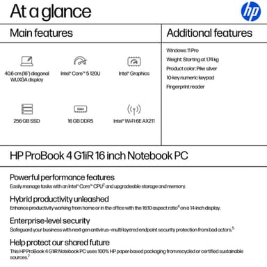 HP ProBook 4 G1iR Intel Core 5 120U Laptop 40.6 cm (16") WUXGA 16 GB DDR5-SDRAM 256 GB SSD Wi-Fi 6E (802.11ax) Windows 11 Pro Silver view 4
