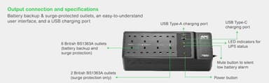 APC Back-UPS, 1050VA/600W Floor/Wall Mount, 230V, 8x British BS1363A outlets, USB Type A+C Port, User Replaceable Battery view 7