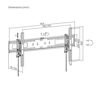 Manhattan Wall Mount With Extension for TV & Monitors (Tiltable Anti Theft), For screens 37" to 100", VESA compatibility: all between 200x200mm to 800x400mm - check the dimensions of the four mounting holes on back of screen to ensure it fits, Max 75kg, Bracket view 14