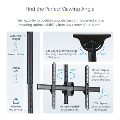 StarTech.com Dual TV Ceiling Mount - Back-to-Back Heavy Duty Hanging Dual Screen Mount with Adjustable Telescopic Pole - Tilt/Swivel/Rotate - VESA Bracket for 32”-75" Displays view 12