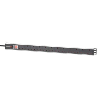 Intellinet 19" 1U PDU 12-way UK, Vertical type, With switch and overload protection, Rackmount, Power Distribution Unit, UK 3-pin outlets, 1.8m power cord, output view 1