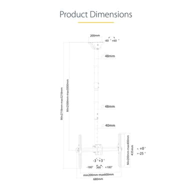 StarTech.com TV Ceiling Mount - Full-Motion Universal Hanging Single Screen Mount with Adjustable Telescopic Long Pole - Tilt / Swivel - VESA Bracket for 32”-75" Displays view 21