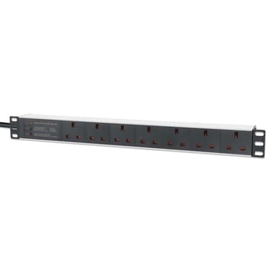 Intellinet 19" 1U PDU 7-way UK, Surge Protection, Rackmount, Power Distribution Unit, UK 3-pin outlets, 3m power cord, output view 1