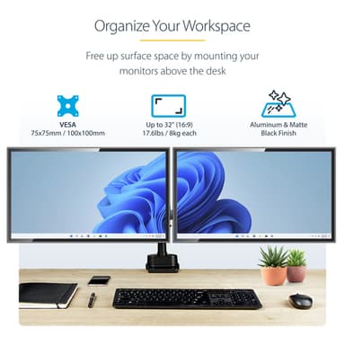 StarTech.com Desk Mount Dual Monitor Arm, Full Motion Monitor Mount for 2x VESA Displays up to 32" (17.6lb/8kg), Height Adjustable, Clamp/Grommet Mount, Mechanical Spring view 12