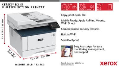 Xerox B315 A4 40ppm Wireless Duplex Copy/Print/Scan/Fax PS3 PCL5e/6 2 Trays 350 Sheets UK view 10