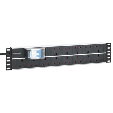 Intellinet 19" 2U PDU 15-way UK, With 2P air breaker, Rackmount, Power Distribution Unit, UK 3-pin outlets, 3m power cord, output view 2