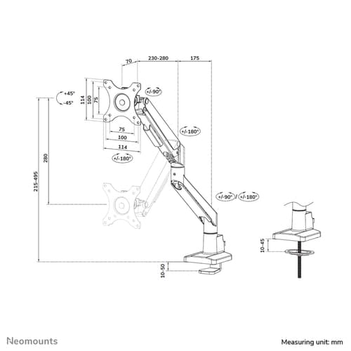 Neomounts DS70-250WH1 Monitor arm 17-35" - gas spring - Topfix - 180°-stop