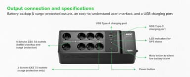APC Back-UPS, 1050VA/600W Floor/Wall Mount, 230V, 8x Schuko CEE 7/3 outlets, USB Type A+C Port, User Replaceable Battery view 5