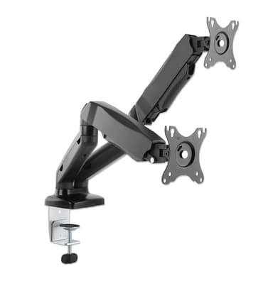 Manhattan Dual Desk Mount for TV & Monitors (Full Motion Spring), For screens 10" to 27", C-Clamp or Grommet Assembly,VESA compatibility: 75x75 and 100x100mm -check the dimensions of the four mounting holes on back of screen to ensure it fits,Max 9kg (each),Bracket view 1