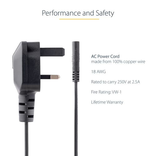 StarTech.com 3ft (1m) UK Laptop Power Cable, BS 1363 to C7, 2.5A 250V, 18AWG, Black, UK Laptop Replacement Cord, Printer Power Cable, AC Laptop Charger Cord, Laptop Power Brick Cord