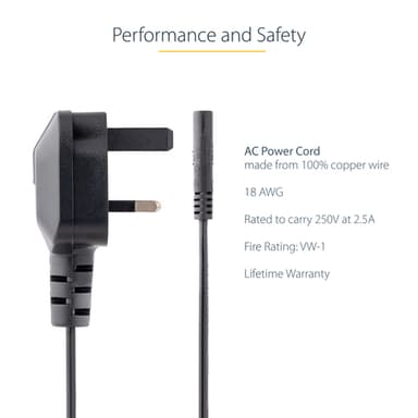 StarTech.com 3ft (1m) UK Laptop Power Cable, BS 1363 to C7, 2.5A 250V, 18AWG, Black, UK Laptop Replacement Cord, Printer Power Cable, AC Laptop Charger Cord, Laptop Power Brick Cord view 6