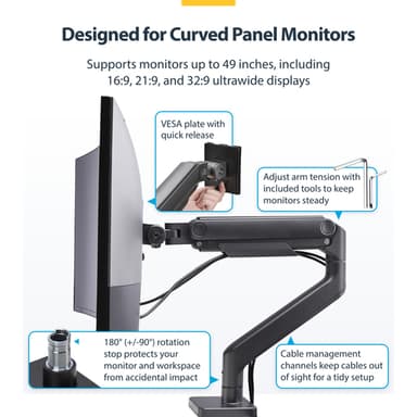 StarTech.com Monitor Desk Mount for up to 49in 32:9 Ultrawide Curved Screens, Mechanical Spring Arm, C-Clamp/Grommet, Tool-Less Adjustment, Max 44lb/20kg view 14