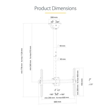 StarTech.com TV Ceiling Mount - Full-Motion Universal Hanging Single Screen Mount with Adjustable Telescopic Short Pole - Tilt / Swivel - VESA Bracket for 32”-75" Displays view 16