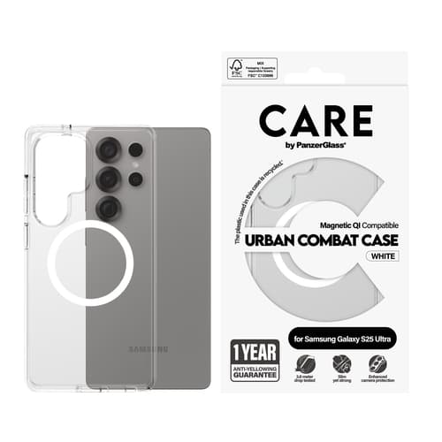 PanzerGlass CARE™ by ® Urban Combat Case Transparent w. White Qi Compatible Samsung Galaxy S25 Ultra